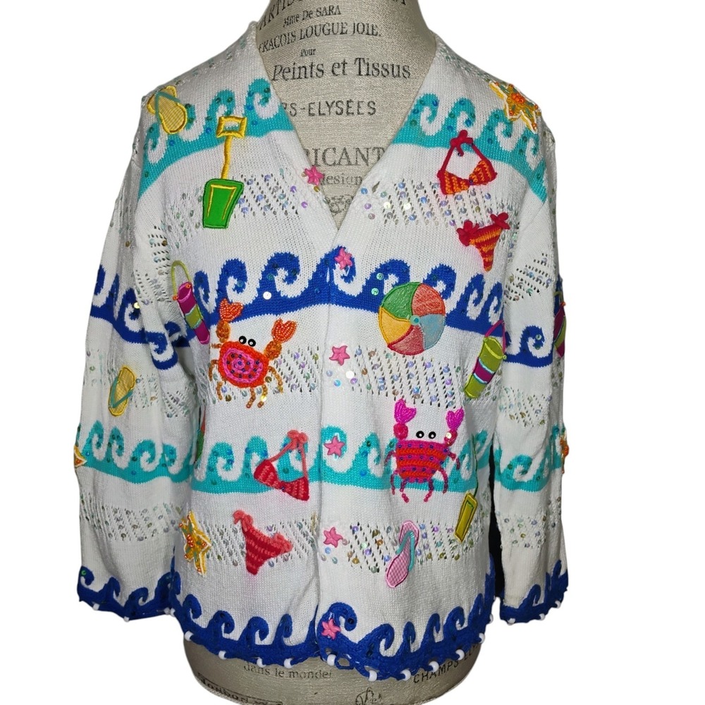 Vintage Janes Closet‎ Beach Cardigan Sweater Womens Large Coastal Nautical Ocean
